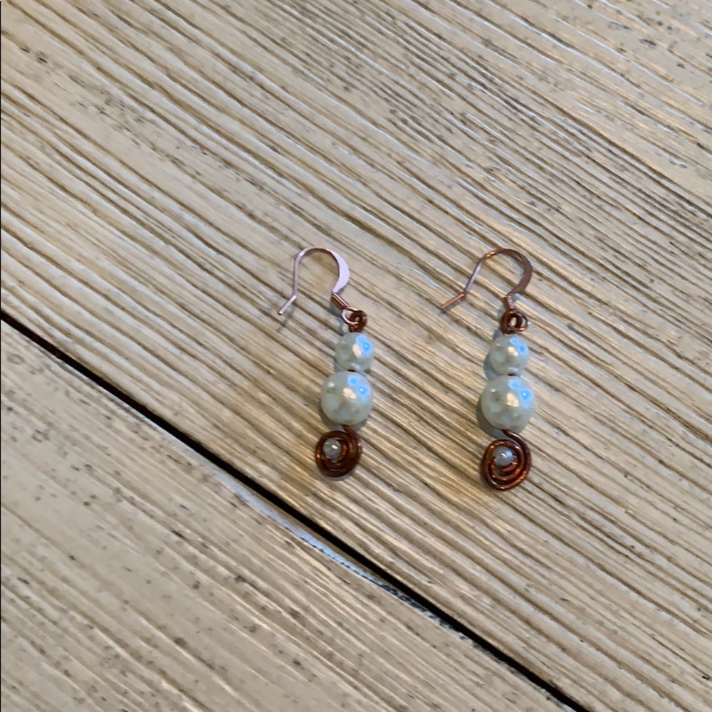 HANDMADE copper and faux pearl earrings